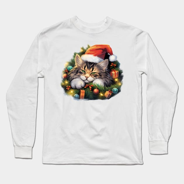 Lazy Norwegian Forest Cat At Christmas Long Sleeve T-Shirt by Chromatic Fusion Studio